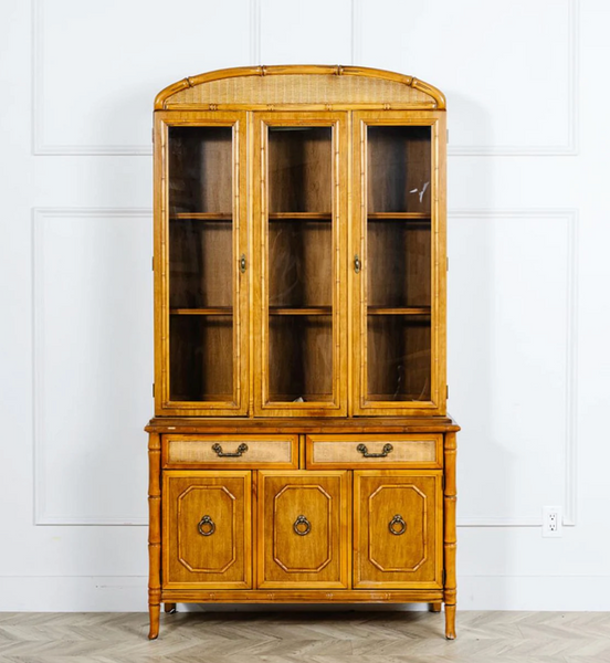 Vintage Broyhill Furniture Faux Bamboo Two-Piece Arched Top China Cabinet Available to Customize!