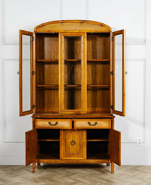 Vintage Broyhill Furniture Faux Bamboo Two-Piece Arched Top China Cabinet Available to Customize!