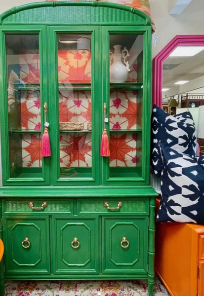 Vintage Broyhill Furniture Faux Bamboo Two-Piece Arched Top China Cabinet Available to Customize!