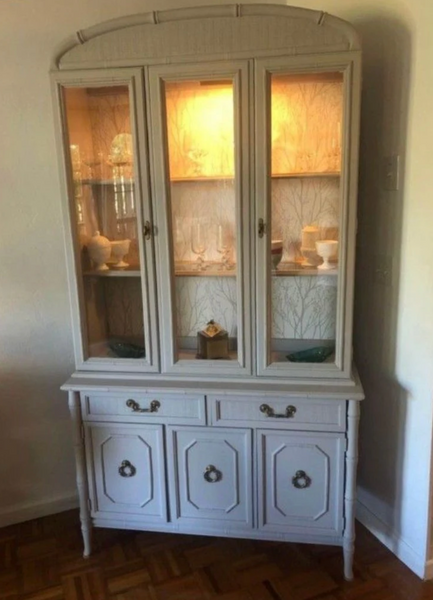 Vintage Broyhill Furniture Faux Bamboo Two-Piece Arched Top China Cabinet Available to Customize!
