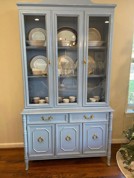 Vintage Broyhill Furniture Faux Bamboo Two-Piece Arched Top China Cabinet Available to Customize!