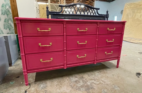 Vintage Faux Bamboo Nine-Drawer Classic Triple Dresser Available to Customize!