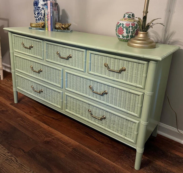 Vintage Dixie Furniture Wicker Front Faux Bamboo Dresser Available for Custom Lacquer!