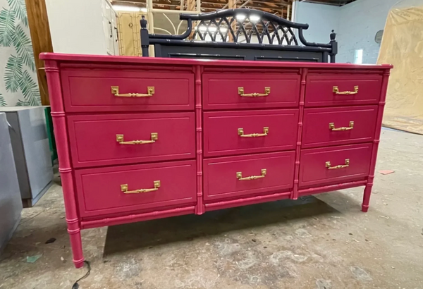 Vintage Faux Bamboo Nine-Drawer Classic Triple Dresser Available to Customize!
