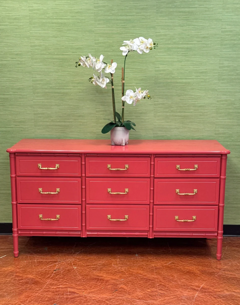 Vintage Faux Bamboo Nine-Drawer Classic Triple Dresser Available to Customize!