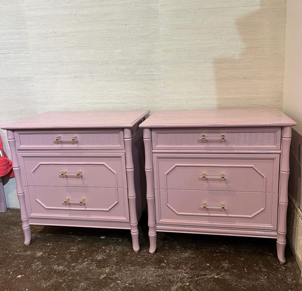 Vintage Faux Bamboo Broyhill Three-Drawer Large Nightstand Pair Available for Lacquer
