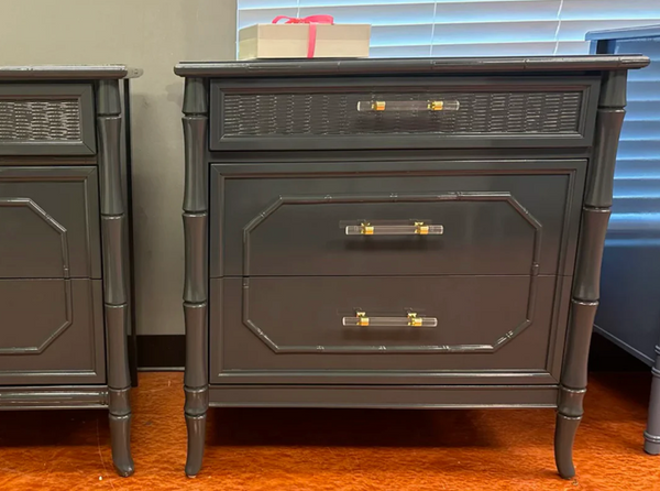 Vintage Faux Bamboo Broyhill Three-Drawer Large Nightstand Pair Available for Lacquer