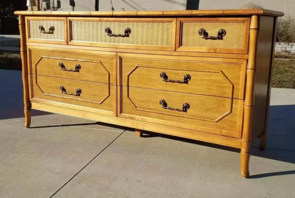 Vintage Broyhill Seven-Drawer Faux Bamboo Dresser Available to Customize!!