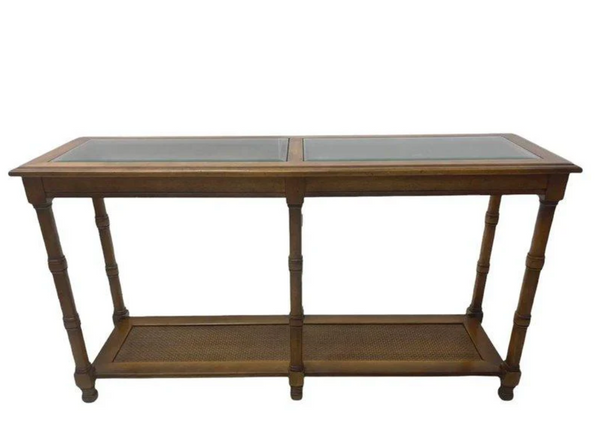 Vintage Two Tiered Faux Bamboo Console Sofa Table with Glass Top Cane Shelf Available for Custom Lacquer
