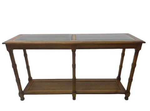 Vintage Two Tiered Faux Bamboo Console Sofa Table with Glass Top Cane Shelf Available for Custom Lacquer