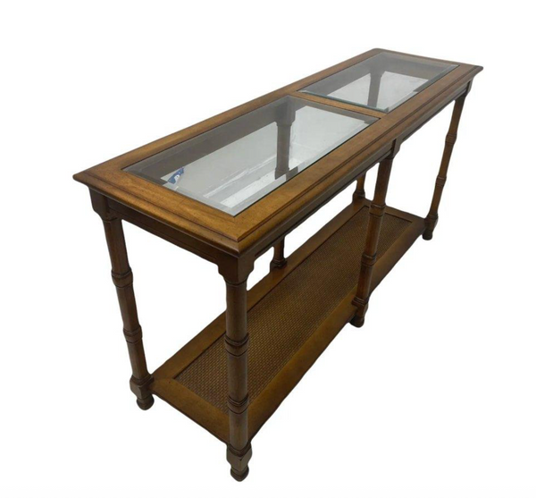 Vintage Two Tiered Faux Bamboo Console Sofa Table with Glass Top Cane Shelf Available for Custom Lacquer
