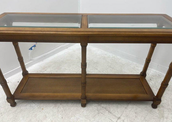 Vintage Two Tiered Faux Bamboo Console Sofa Table with Glass Top Cane Shelf Available for Custom Lacquer