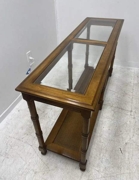 Vintage Two Tiered Faux Bamboo Console Sofa Table with Glass Top Cane Shelf Available for Custom Lacquer