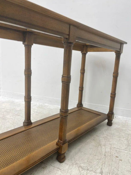 Vintage Two Tiered Faux Bamboo Console Sofa Table with Glass Top Cane Shelf Available for Custom Lacquer