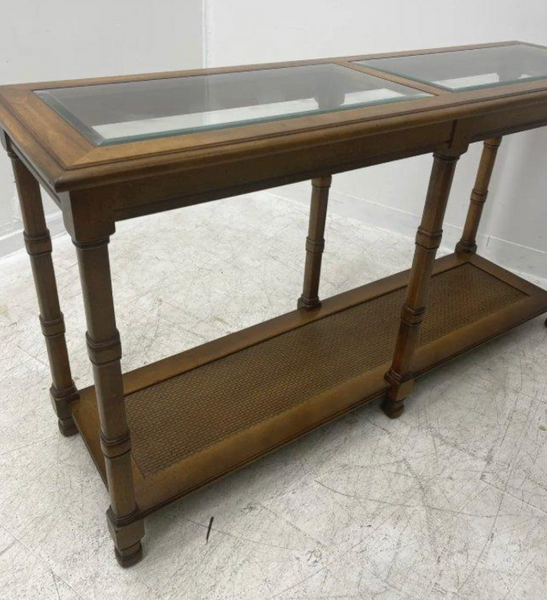 Vintage Two Tiered Faux Bamboo Console Sofa Table with Glass Top Cane Shelf Available for Custom Lacquer