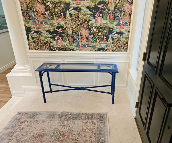 Vintage Two Tiered Faux Bamboo Console Sofa Table with Glass Top Cane Shelf Available for Custom Lacquer