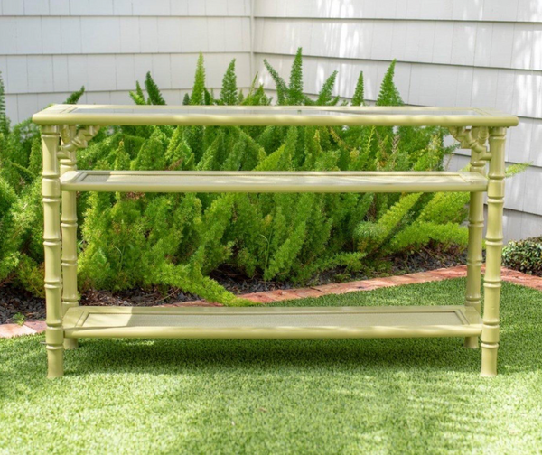 Vintage Two Tiered Faux Bamboo Console Sofa Table with Glass Top Cane Shelf Available for Custom Lacquer