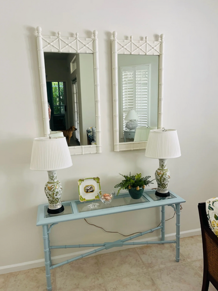 Vintage Two Tiered Faux Bamboo Console Sofa Table with Glass Top Cane Shelf Available for Custom Lacquer