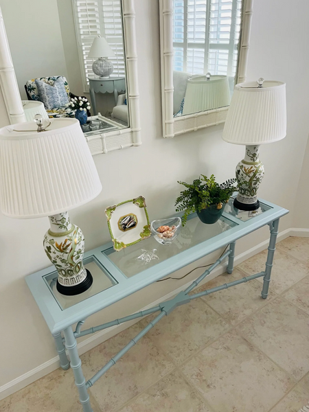 Vintage Two Tiered Faux Bamboo Console Sofa Table with Glass Top Cane Shelf Available for Custom Lacquer
