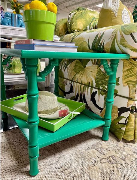 Vintage Faux Bamboo Two-Tier Mersman Furniture Side Table Pair Available for Custom Lacquer! - Hibiscus House