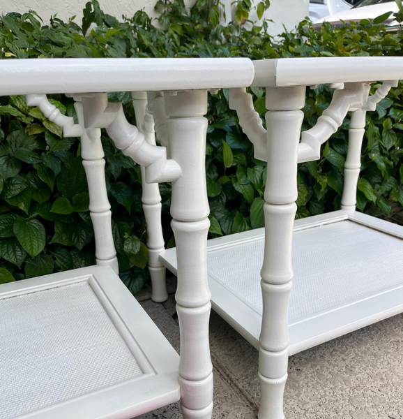 Vintage Faux Bamboo Two-Tier Mersman Furniture Side Table Pair Available for Custom Lacquer! - Hibiscus House