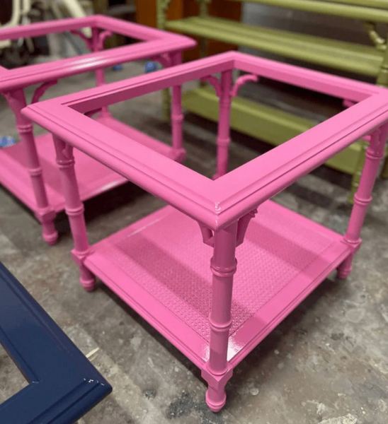 Vintage Faux Bamboo Two-Tier Mersman Furniture Side Table Pair Available for Custom Lacquer! - Hibiscus House