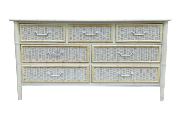Vintage Dixie Furniture Company Faux Bamboo and Wicker Front Seven Drawer Dresser Available for Custom Lacquer!! - Hibiscus House