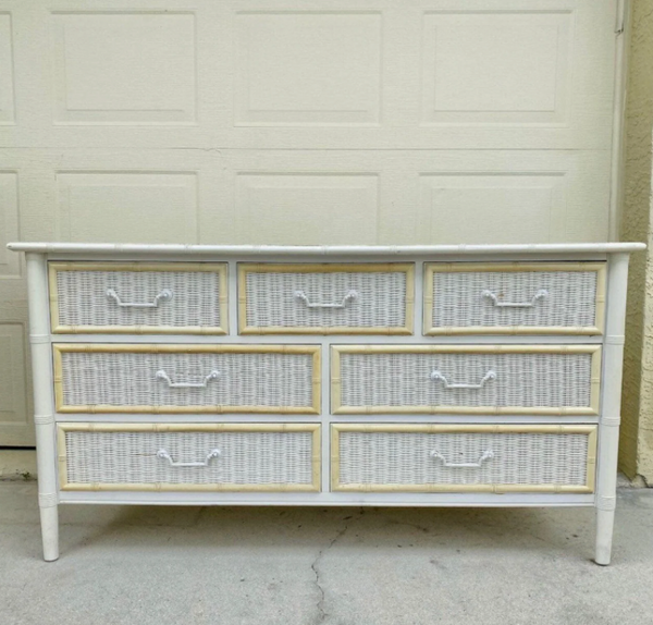 Vintage Dixie Furniture Company Faux Bamboo and Wicker Front Seven Drawer Dresser Available for Custom Lacquer!! - Hibiscus House
