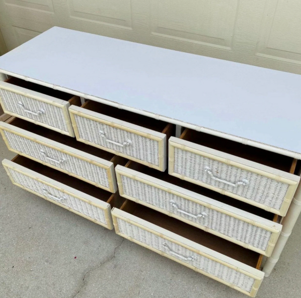 Vintage Dixie Furniture Company Faux Bamboo and Wicker Front Seven Drawer Dresser Available for Custom Lacquer!! - Hibiscus House