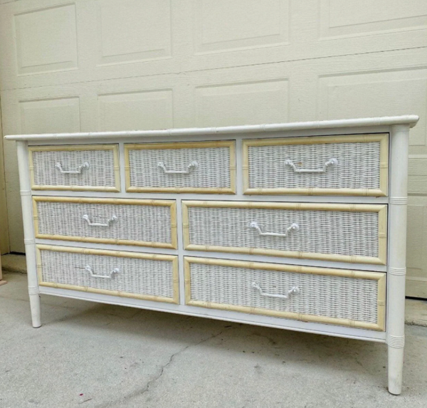 Vintage Dixie Furniture Company Faux Bamboo and Wicker Front Seven Drawer Dresser Available for Custom Lacquer!! - Hibiscus House