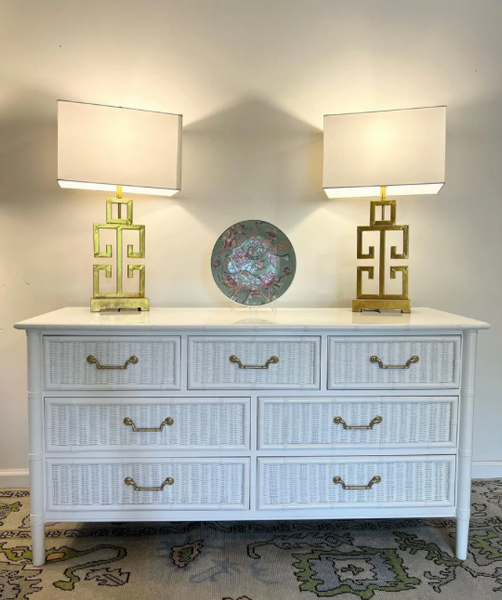 Vintage Dixie Furniture Company Faux Bamboo and Wicker Front Seven Drawer Dresser Available for Custom Lacquer!! - Hibiscus House