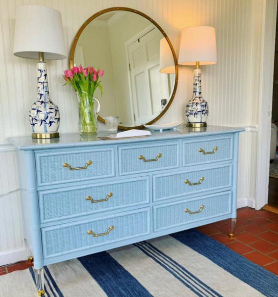 Vintage Dixie Furniture Company Faux Bamboo and Wicker Front Seven Drawer Dresser Available for Custom Lacquer!! - Hibiscus House