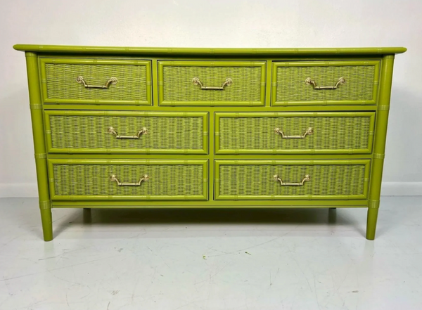 Vintage Dixie Furniture Company Faux Bamboo and Wicker Front Seven Drawer Dresser Available for Custom Lacquer!! - Hibiscus House