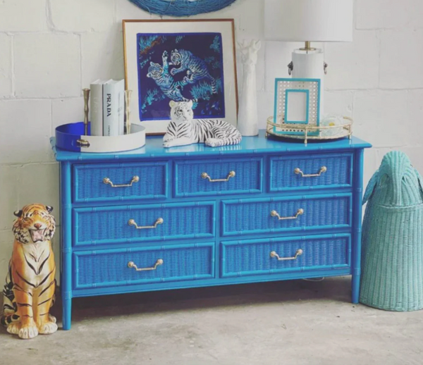 Vintage Dixie Furniture Company Faux Bamboo and Wicker Front Seven Drawer Dresser Available for Custom Lacquer!! - Hibiscus House
