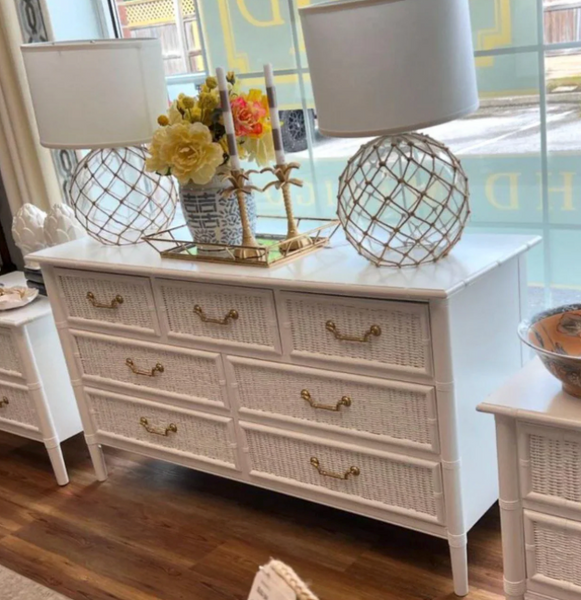 Vintage Dixie Furniture Company Faux Bamboo and Wicker Front Seven Drawer Dresser Available for Custom Lacquer!! - Hibiscus House