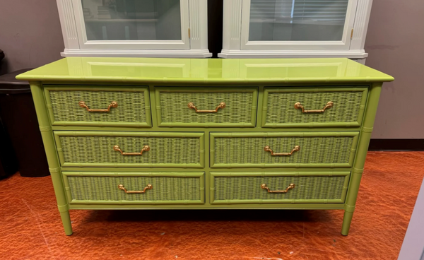 Vintage Dixie Furniture Company Faux Bamboo and Wicker Front Seven Drawer Dresser Available for Custom Lacquer!! - Hibiscus House