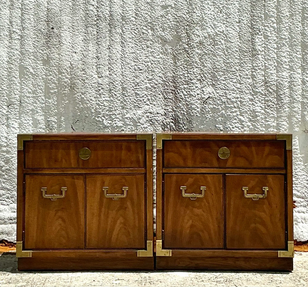Vintage Pair of Thomasville Campaign Style Nightstands Available for Custom Lacquer! - Hibiscus House