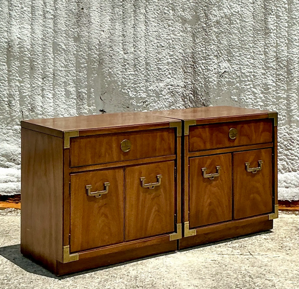 Vintage Pair of Thomasville Campaign Style Nightstands Available for Custom Lacquer! - Hibiscus House
