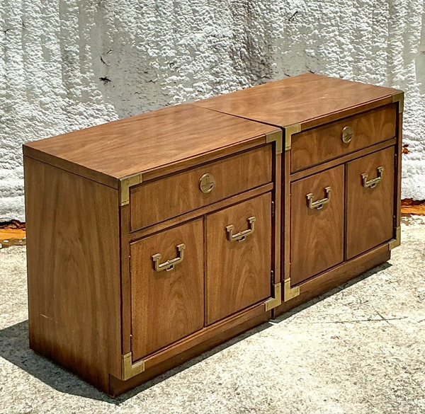 Vintage Pair of Thomasville Campaign Style Nightstands Available for Custom Lacquer! - Hibiscus House