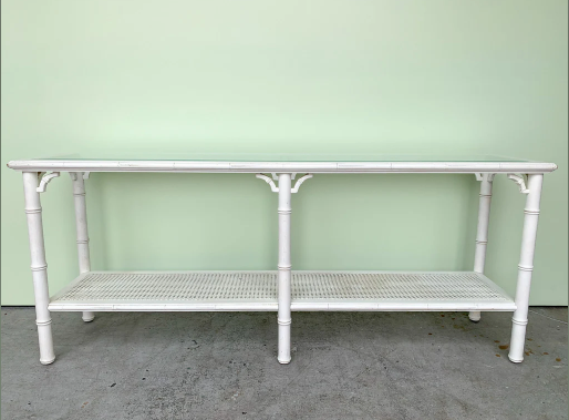 Vintage Faux Bamboo and Cane Two-Tier Glass Top Console Table with Fretwork Available for Custom Lacquer! - Hibiscus House