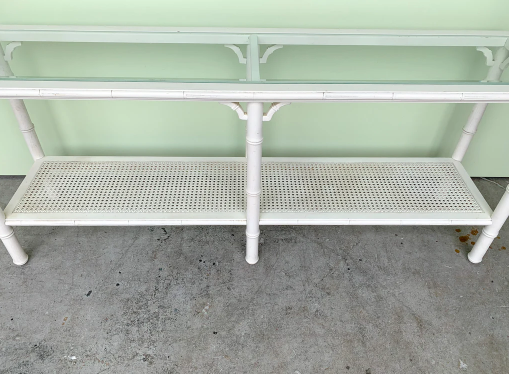 Vintage Faux Bamboo and Cane Two-Tier Glass Top Console Table with Fretwork Available for Custom Lacquer! - Hibiscus House
