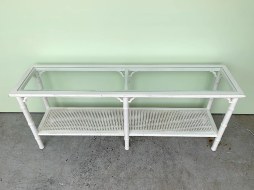 Vintage Faux Bamboo and Cane Two-Tier Glass Top Console Table with Fretwork Available for Custom Lacquer! - Hibiscus House