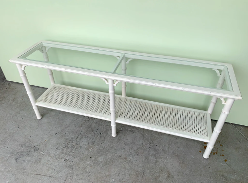 Vintage Faux Bamboo and Cane Two-Tier Glass Top Console Table with Fretwork Available for Custom Lacquer! - Hibiscus House