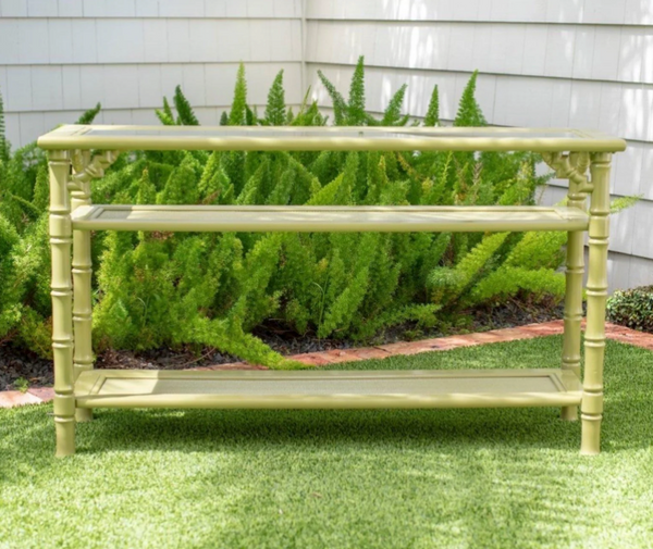 Vintage Faux Bamboo and Cane Two-Tier Glass Top Console Table with Fretwork Available for Custom Lacquer! - Hibiscus House