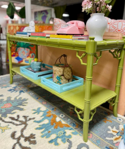 Vintage Faux Bamboo and Cane Two-Tier Glass Top Console Table with Fretwork Available for Custom Lacquer! - Hibiscus House