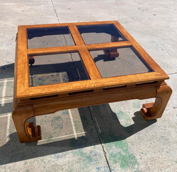 Vintage Ming Style Wood Coffee Table with Glass Top Available for Custom Lacquer! - Hibiscus House