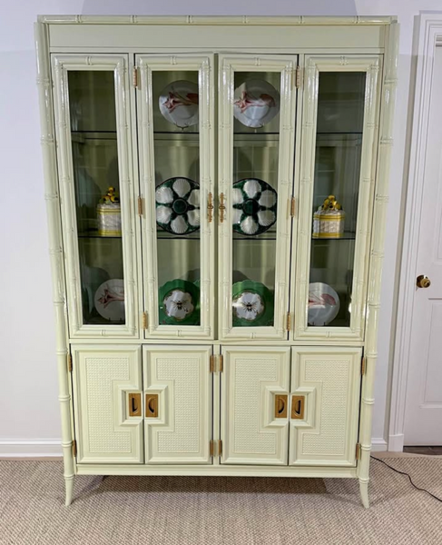 Vintage Bassett Bamboo & Cane Front Two Piece China Cabinet Available for Custom Lacquer!