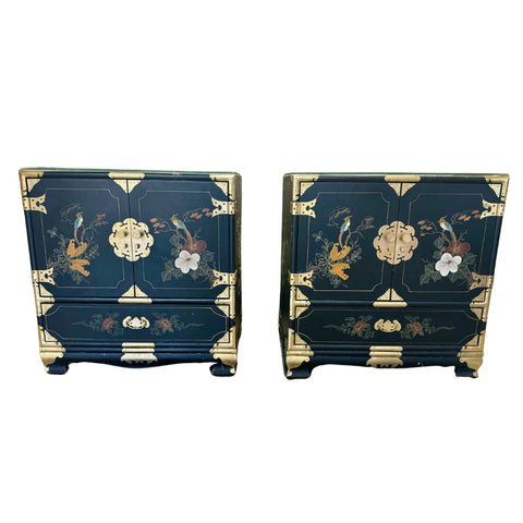 Vintage Tansu-Style Nightstand Pair with Unique Hardware Available for Custom Lacquer