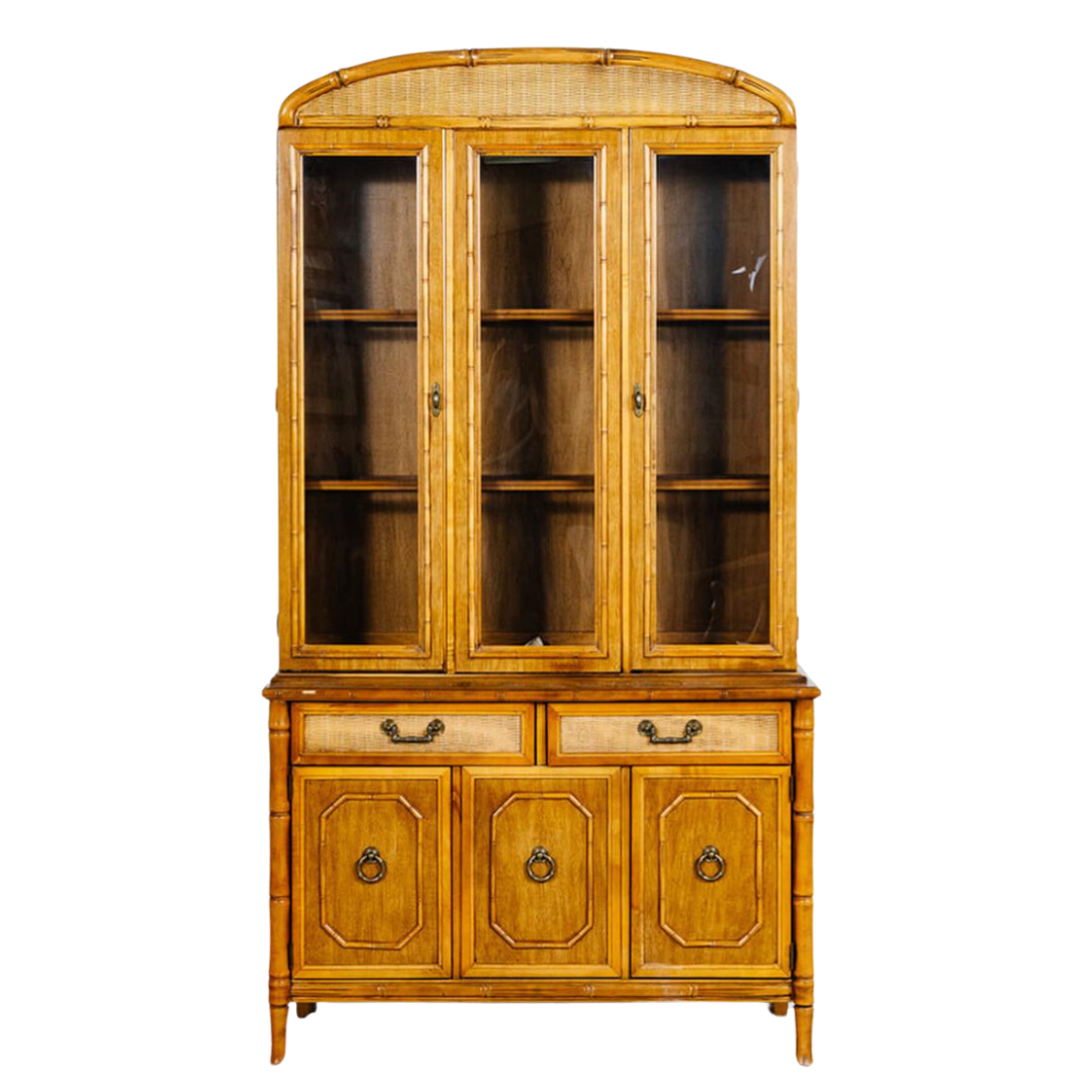 Vintage Broyhill Furniture Faux Bamboo Two Piece Arched China Cabinet Available to Customize!