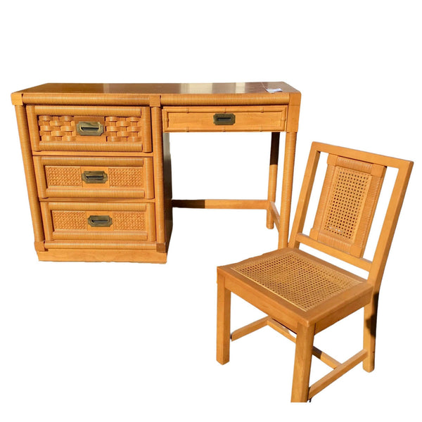 Vintage Dixie Furniture Wicker Weave Faux Bamboo Campaign Style Writing Desk Available for Lacquer - Hibiscus House